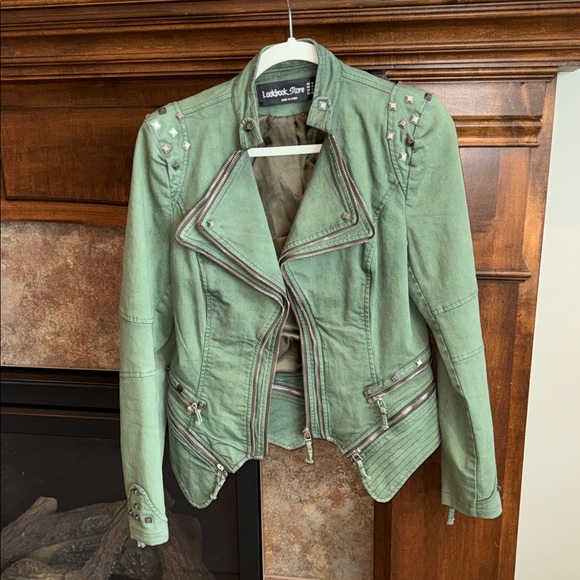 Army green military moto jacket grunge punk moto steampunk studs zippers est M/L - Picture 2 of 11